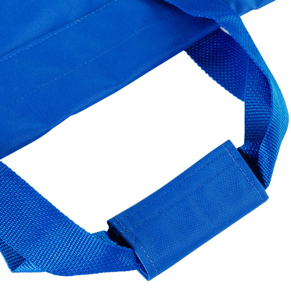 A blue nylon storage bag for a Vollrath Foldable Mobile Sneeze Guard with straps.