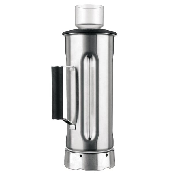 A stainless steel Hamilton Beach blender jar with a black lid.