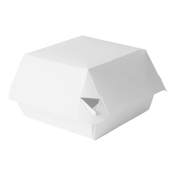 A white microwavable hinged paper take out burger box.