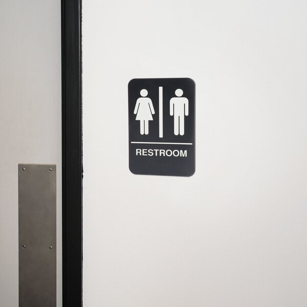 Accessible Employee Unisex Restroom Sign 9x6 in Black Acrylic with Mounting Strips by ComplianceSigns ADA-Compliant Braille and Raised Letters