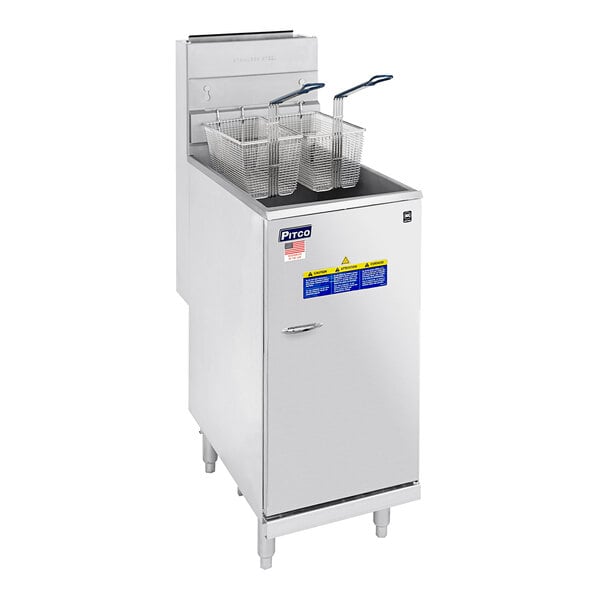 A Pitco stainless steel floor gas fryer with baskets.