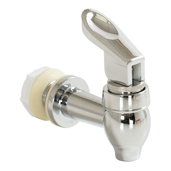 A close-up of a chrome Cal-Mil faucet with a handle.