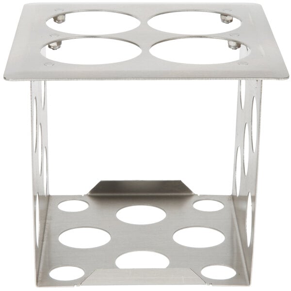 A stainless steel Eagle Group bottle holder with four holes.