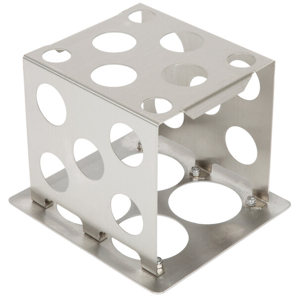 A metal box with holes designed to hold bottles.