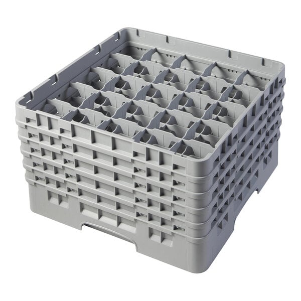 A soft gray plastic Cambro glass rack with 25 compartments and 5 extenders.