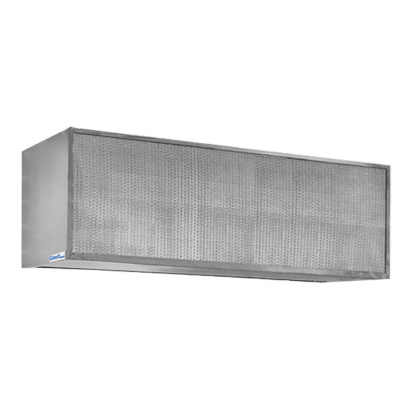 A stainless steel Curtron air curtain with a metal frame.