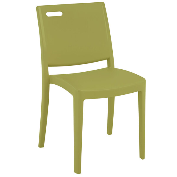 A case of cactus green Grosfillex stacking chairs.