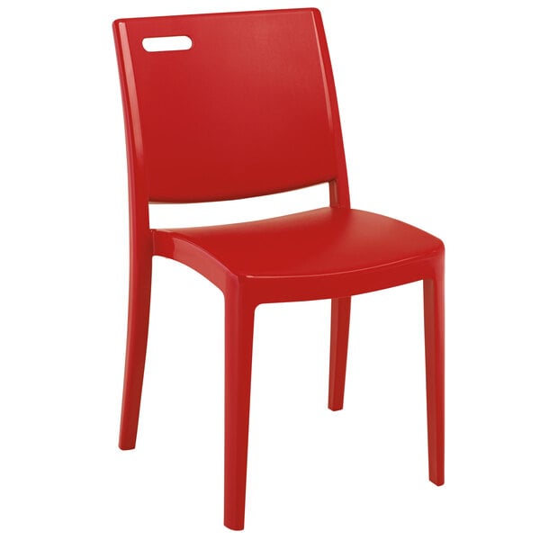 A case of red Grosfillex Metro stacking chairs.