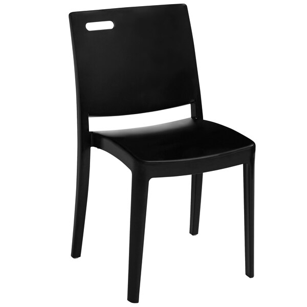 A case of black Grosfillex Metro stacking chairs.