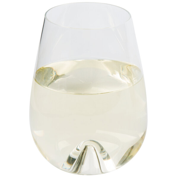 A Stolzle stemless wine glass filled with white wine.