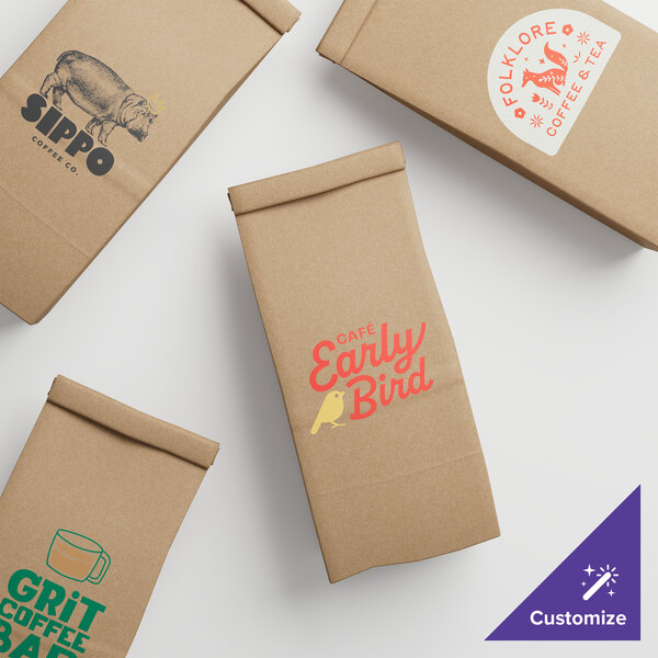 A variety of brown paper bags with logos and different designs, some with red and white text.