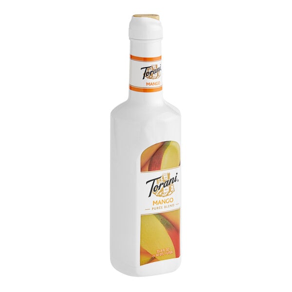 A white Torani bottle with an orange and yellow label.