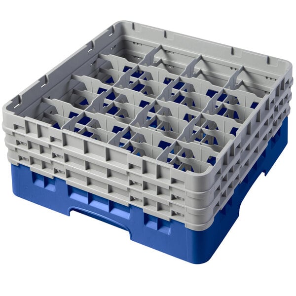 A blue and grey plastic Cambro glass rack with extenders.