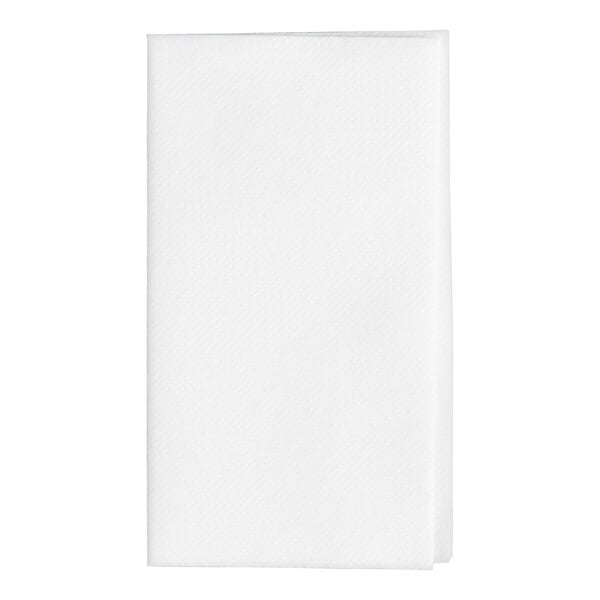 A white linen-feel dinner napkin folded in a rectangular shape.