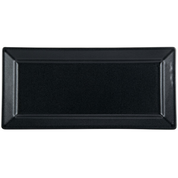 A black rectangular Hall China platter with a black border.