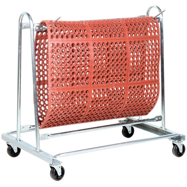 A metal rack with a red plastic mesh on it.