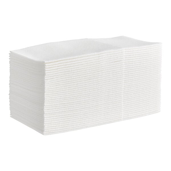 A stack of white Choice Linen-Feel dinner napkins.