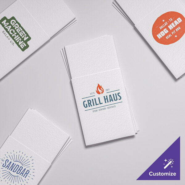 A set of customizable white linen-feel pocket fold dinner napkins with various printed restaurant logos.