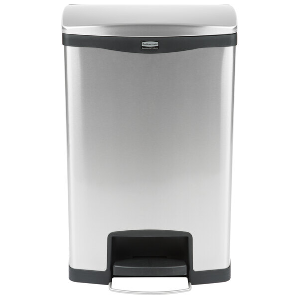 A Rubbermaid stainless steel Slim Jim trash can with black accents.