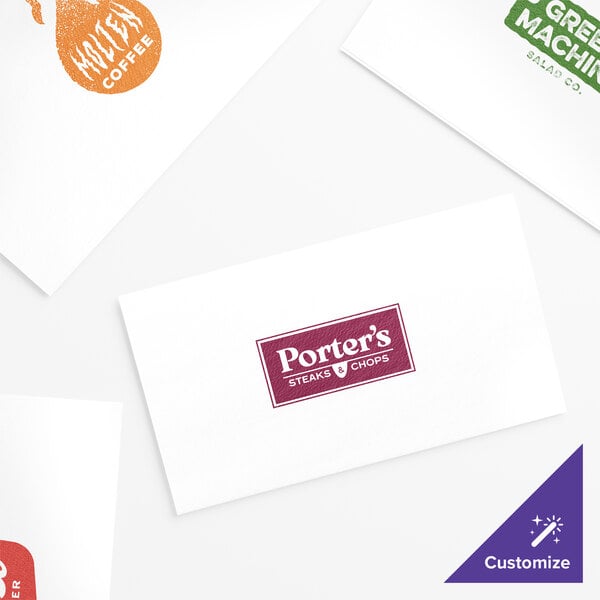 A group of Lavex white guest towels with different colored logos on them.