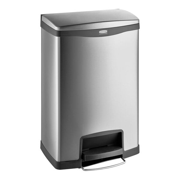 Slim Jim Stainless Steel Step-On Container, Front Step Style, 13 gal, Stainless Steel, Black