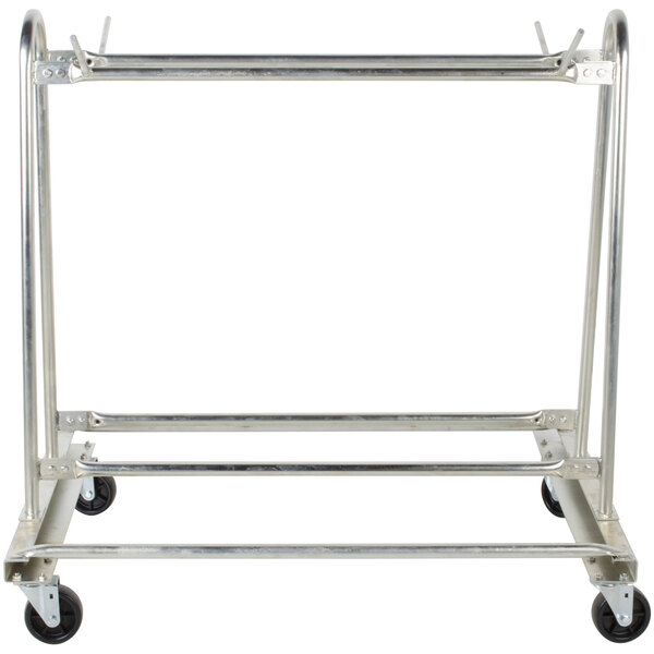 A silver metal Cactus Mat floor mat cart with wheels.