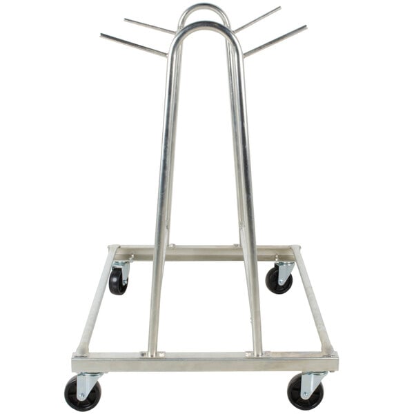 A metal Cactus Mat floor mat washing and transport cart with four wheels and two handles.