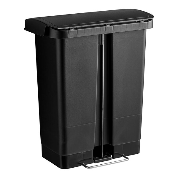 A black Rubbermaid Slim Jim rectangular front step-on trash can with a lid.