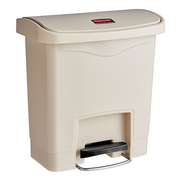 A beige plastic Rubbermaid Slim Jim trash can with a black lid.