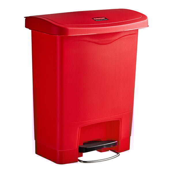 A red Rubbermaid Slim Jim step-on trash can with a black lid.