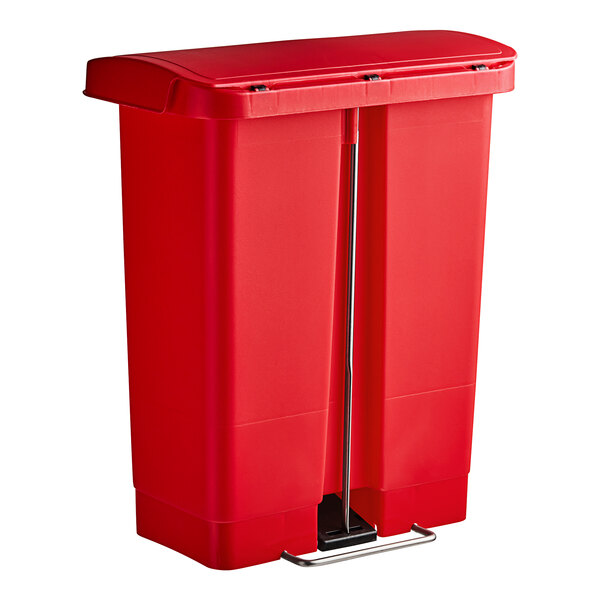 A red Rubbermaid Slim Jim trash can with a metal step-on lid.