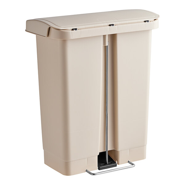 A beige Rubbermaid Slim Jim wastebasket with a lid and metal step-on pedal.