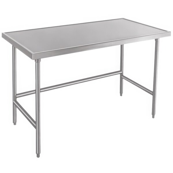 An Advance Tabco stainless steel work table with an open base.