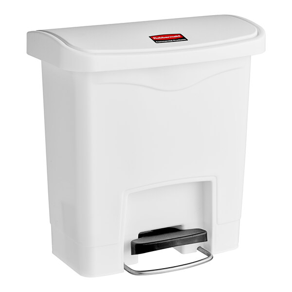 A white Rubbermaid Slim Jim resin rectangular front step-on trash can with a black handle.