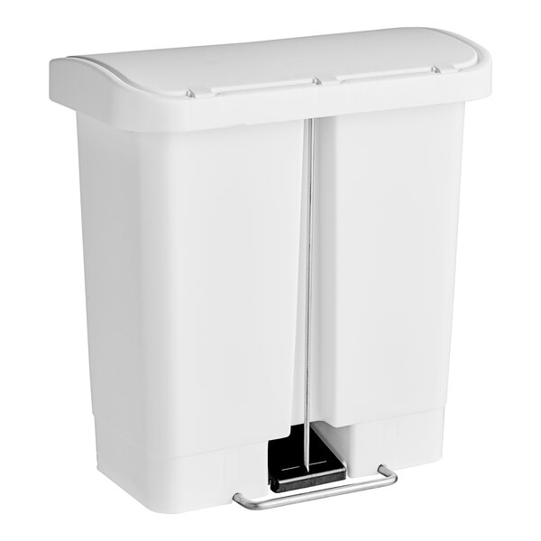 A white Rubbermaid Slim Jim wastebasket with a lid.