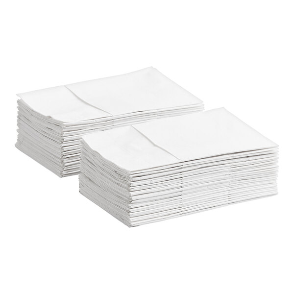 A stack of white pocket fold dinner napkins.