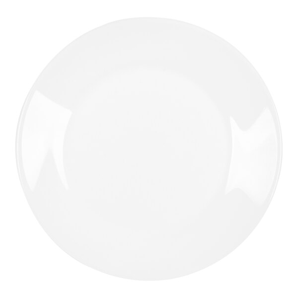 A plain, round, white plate with a glossy finish, viewed from above.