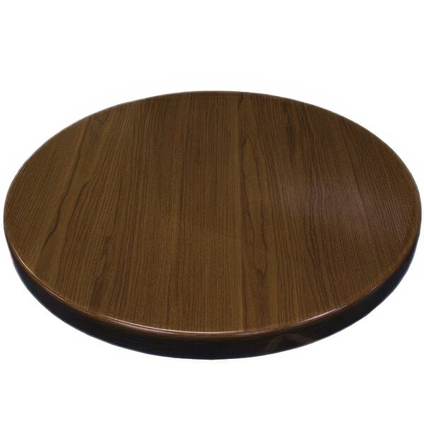 A brown circular American Tables & Seating table top with a wood grain.