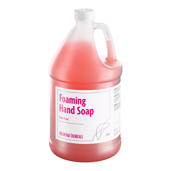 A 1-gallon container of Advantage Chemicals ready-to-use foaming hand soap with a fruity scent.