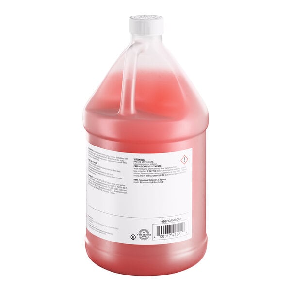 A one-gallon container of Advantage Chemicals ready-to-use foaming hand soap with a pink liquid inside.