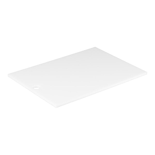 A rectangular, flat, white plate with a small round hole near one corner, shown on a plain background.