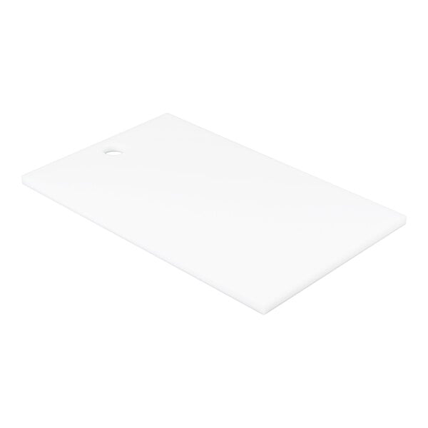 A rectangular white plate with a small round hole near one corner, shown on a white background.