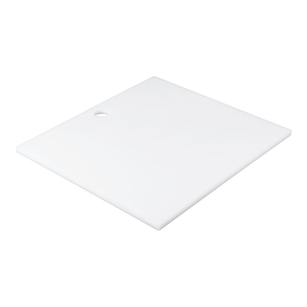A square, flat, white plate with a small round hole near one corner, shown on a white background.