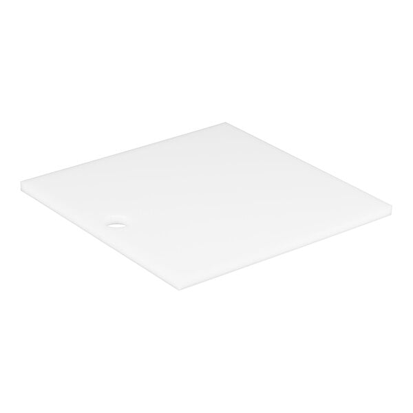 A flat, white, square plate with a small round hole near one corner.