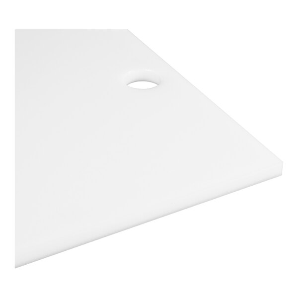 A partial view of a flat, white rectangular plate with a rounded corner and a small oval hole near the edge.