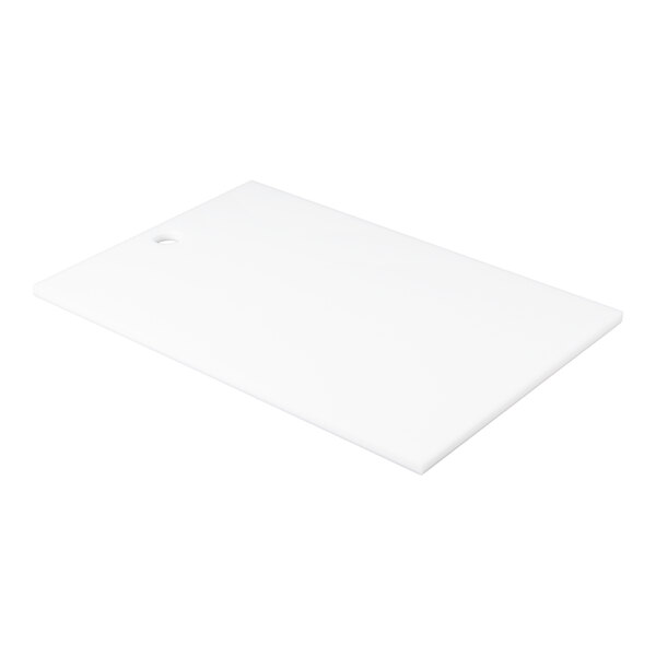 A rectangular white flat plate with a small round hole near one corner, shown on a white background.