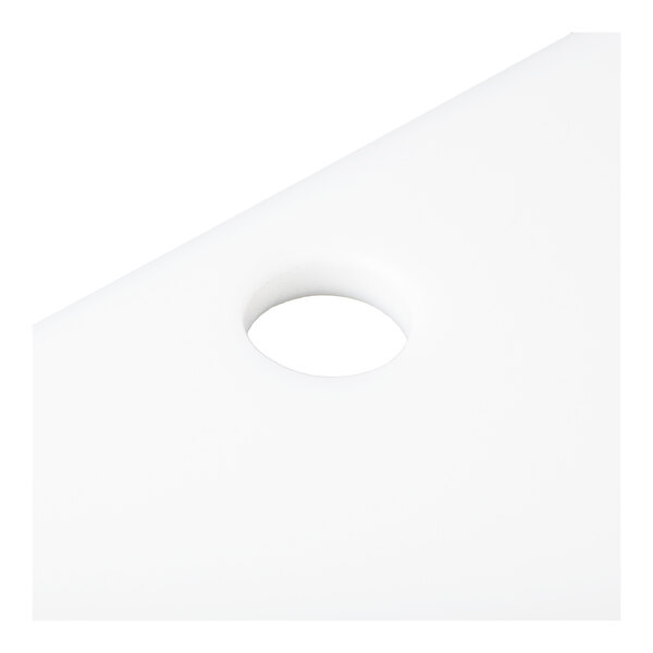 A white, triangular plate with a circular hole near one edge.