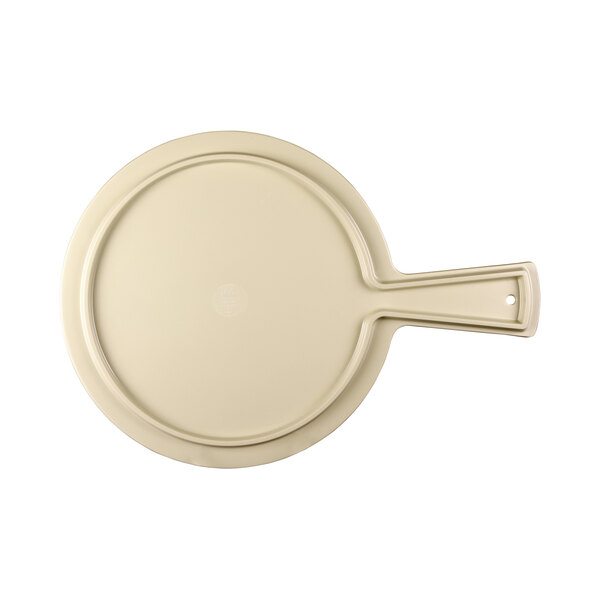 A beige round melamine serving board with a handle.