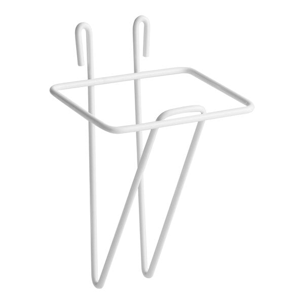 A white metal wall mount scoop holder with a simple, open-frame design.