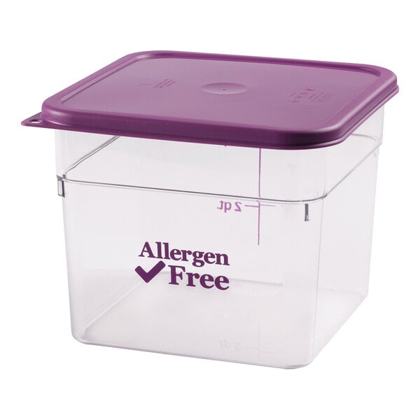 A clear square food storage container with a purple lid and the words 'Allergen Free' printed on the side.